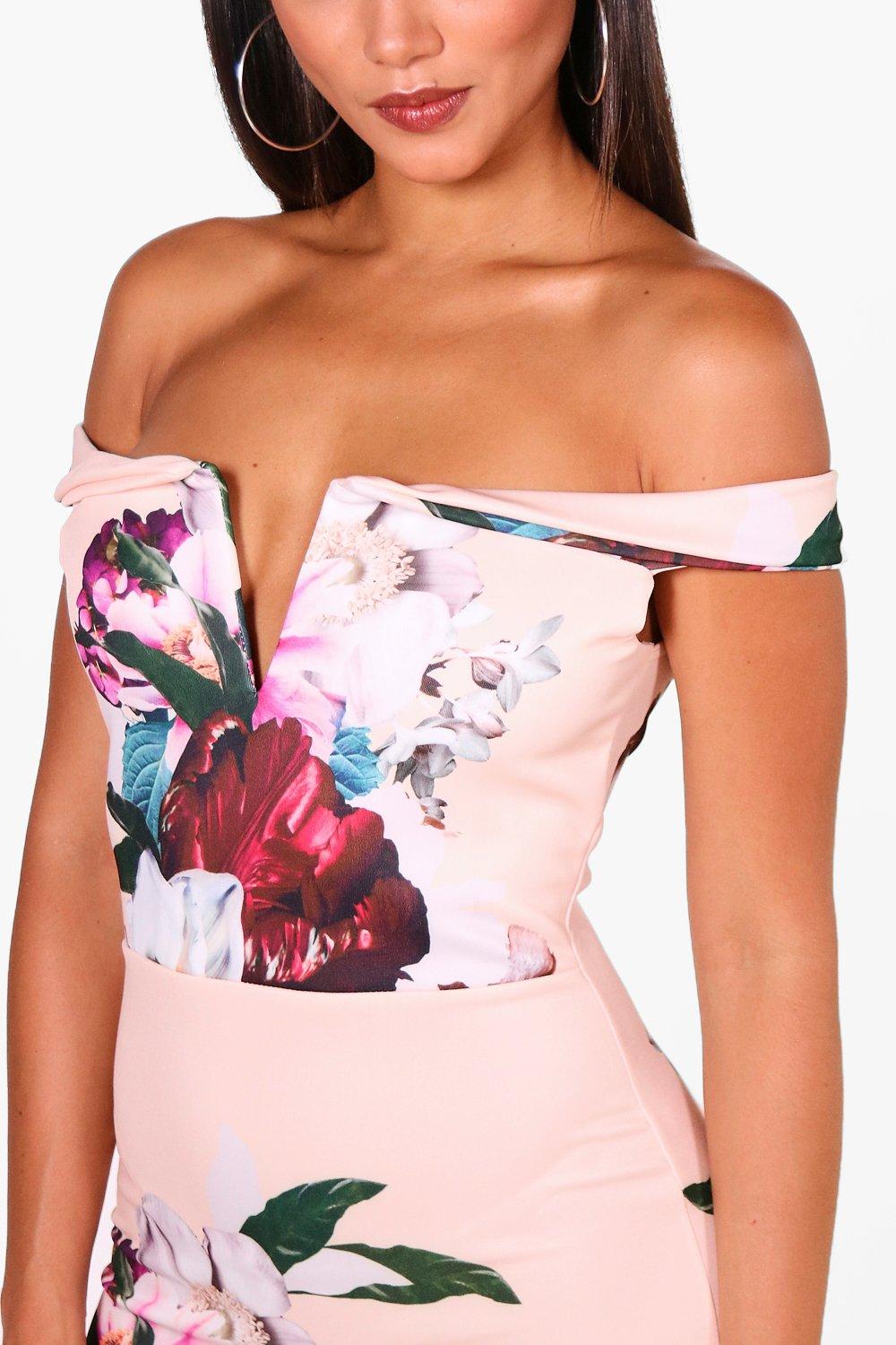 floral bardot frill hem midi dress