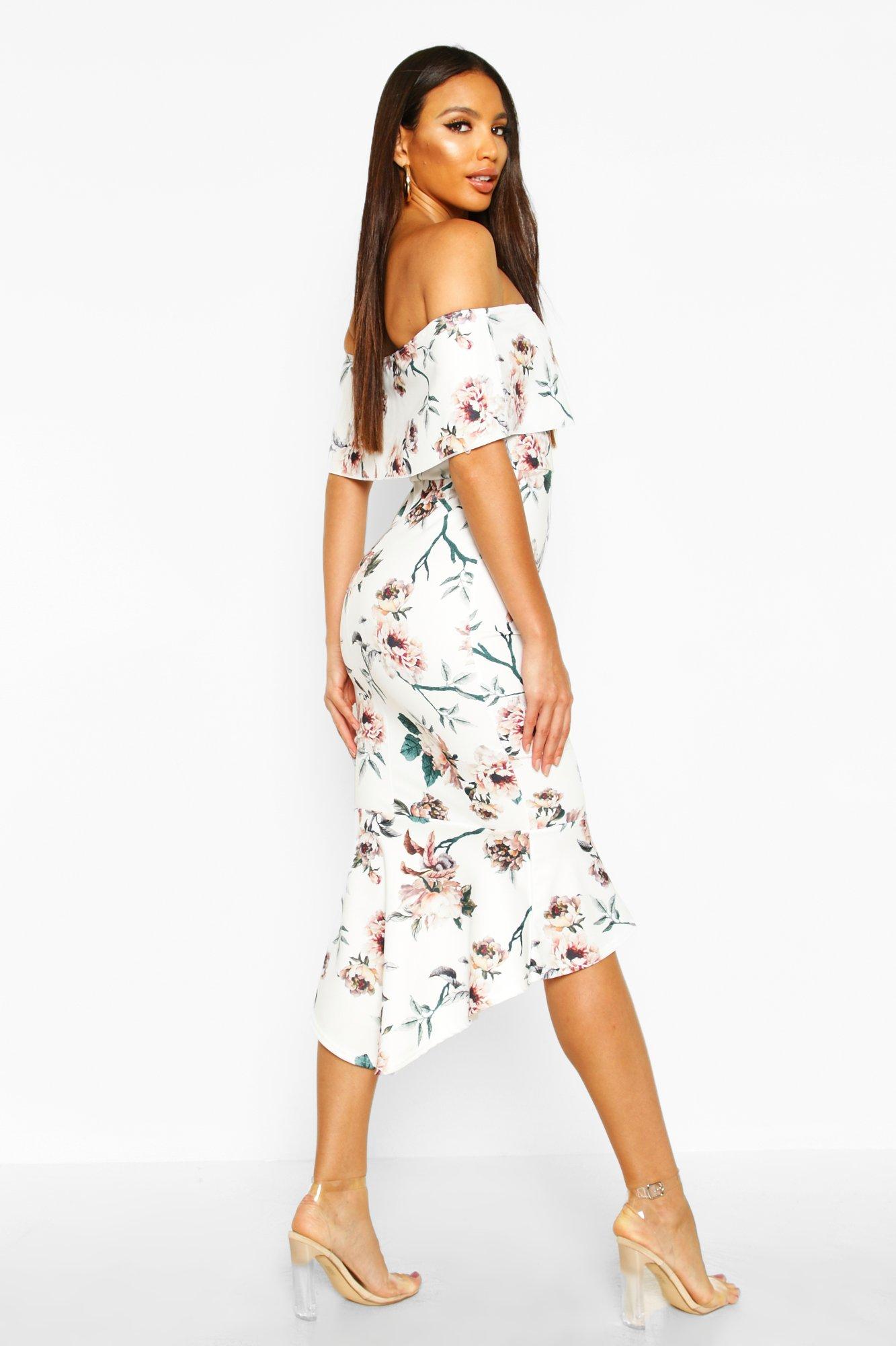 floral bardot frill hem midi dress