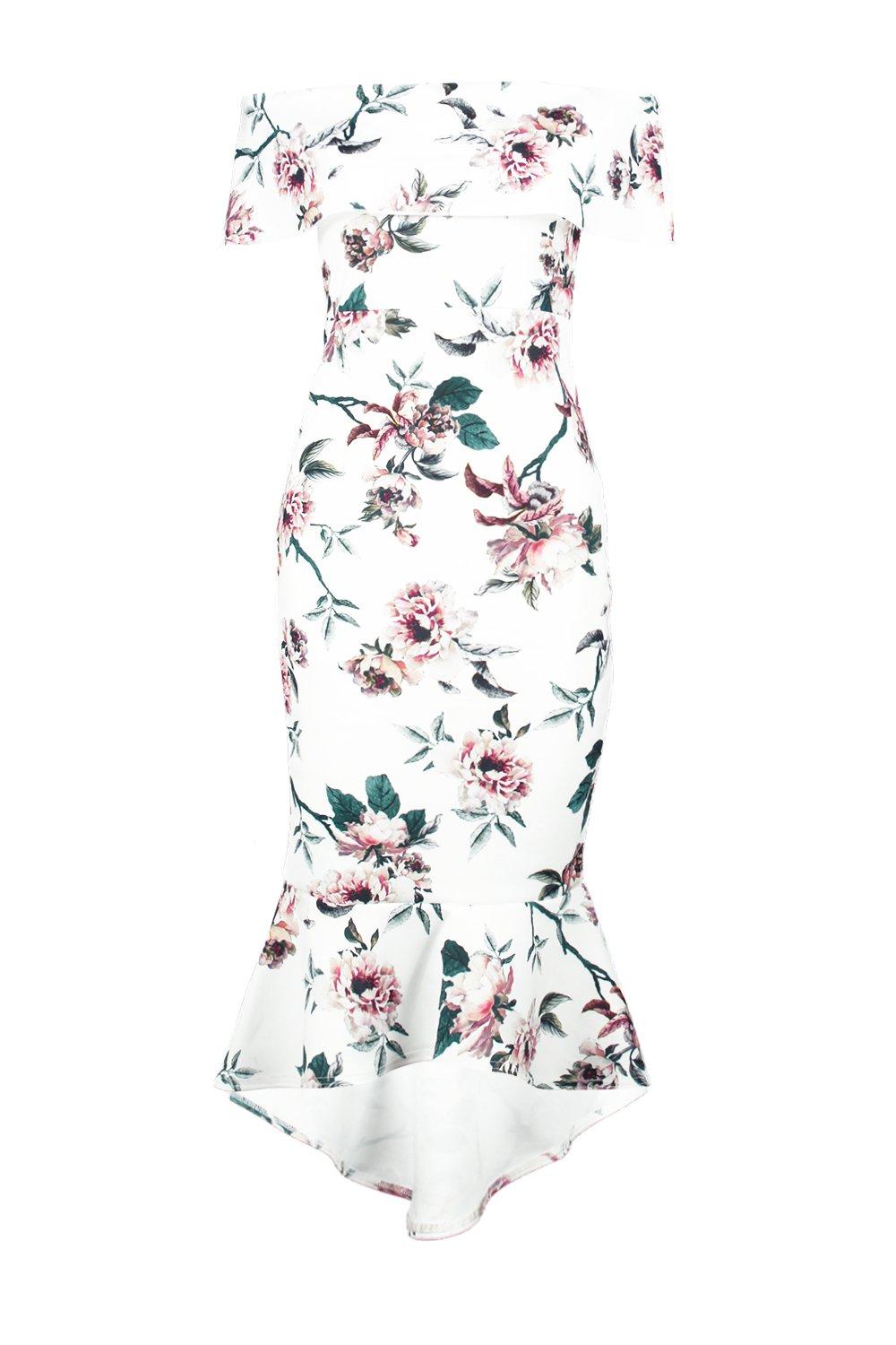 floral bardot frill hem midi dress