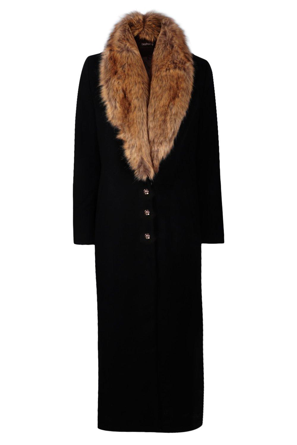 maxi faux fur collar wool coat