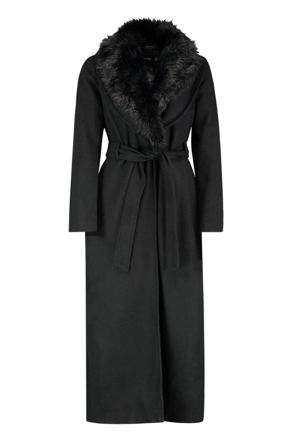 maxi faux fur collar wool coat