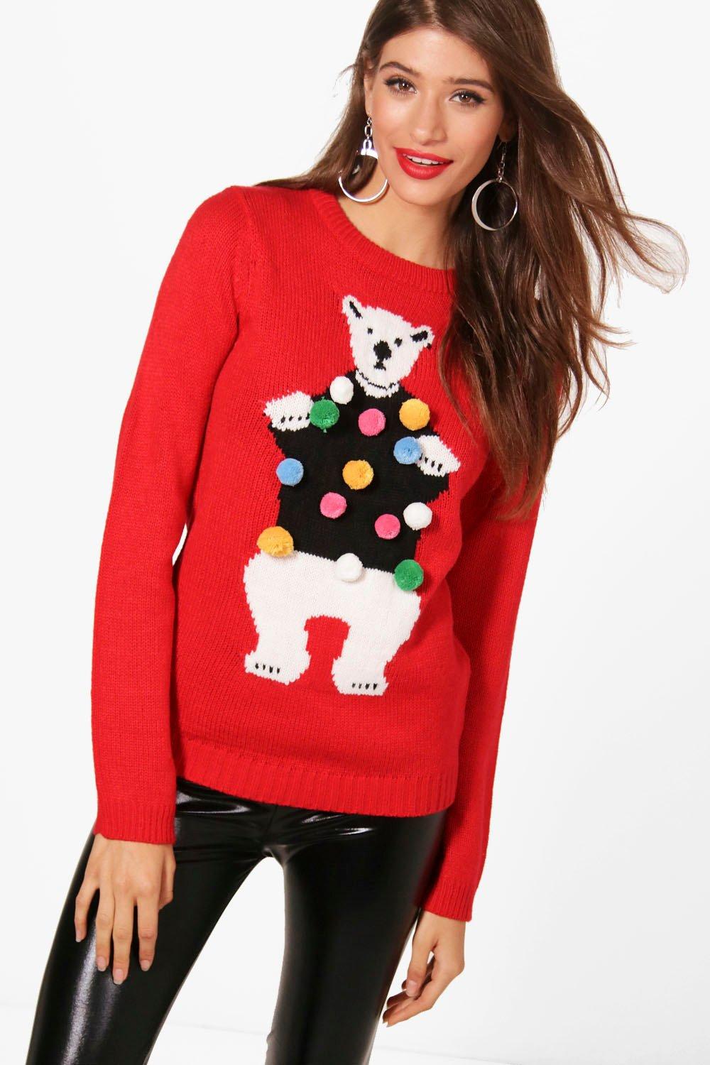 red hoodie with polar bear on back