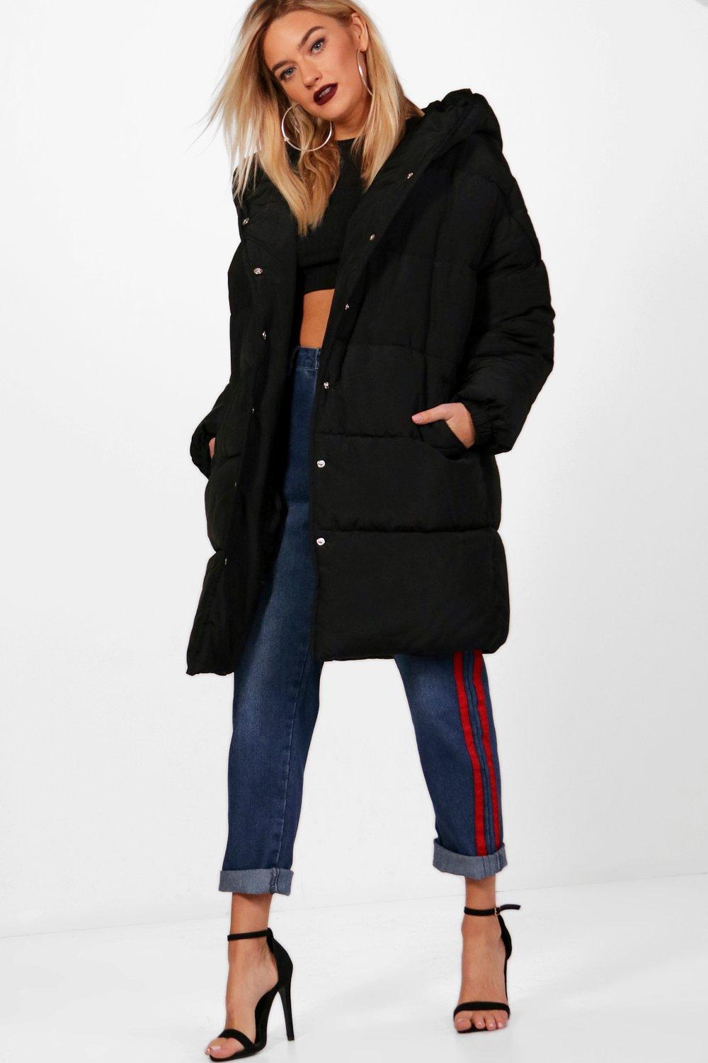 boohoo longline padded coat with hood in black