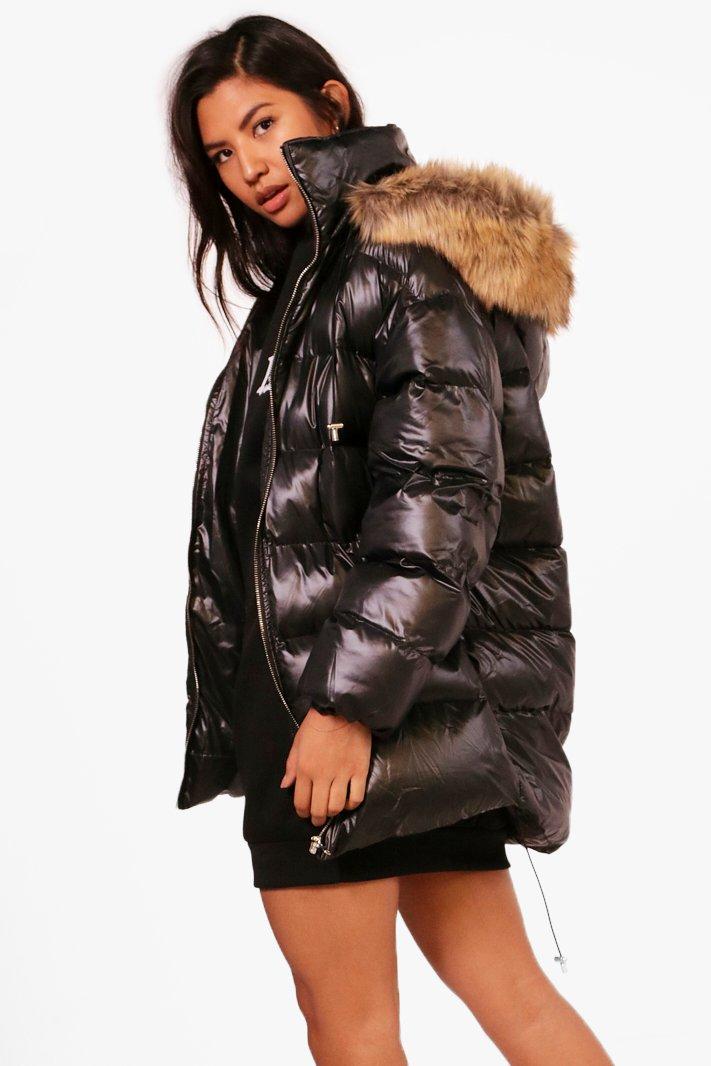 boohoo longline padded coat with hood in black