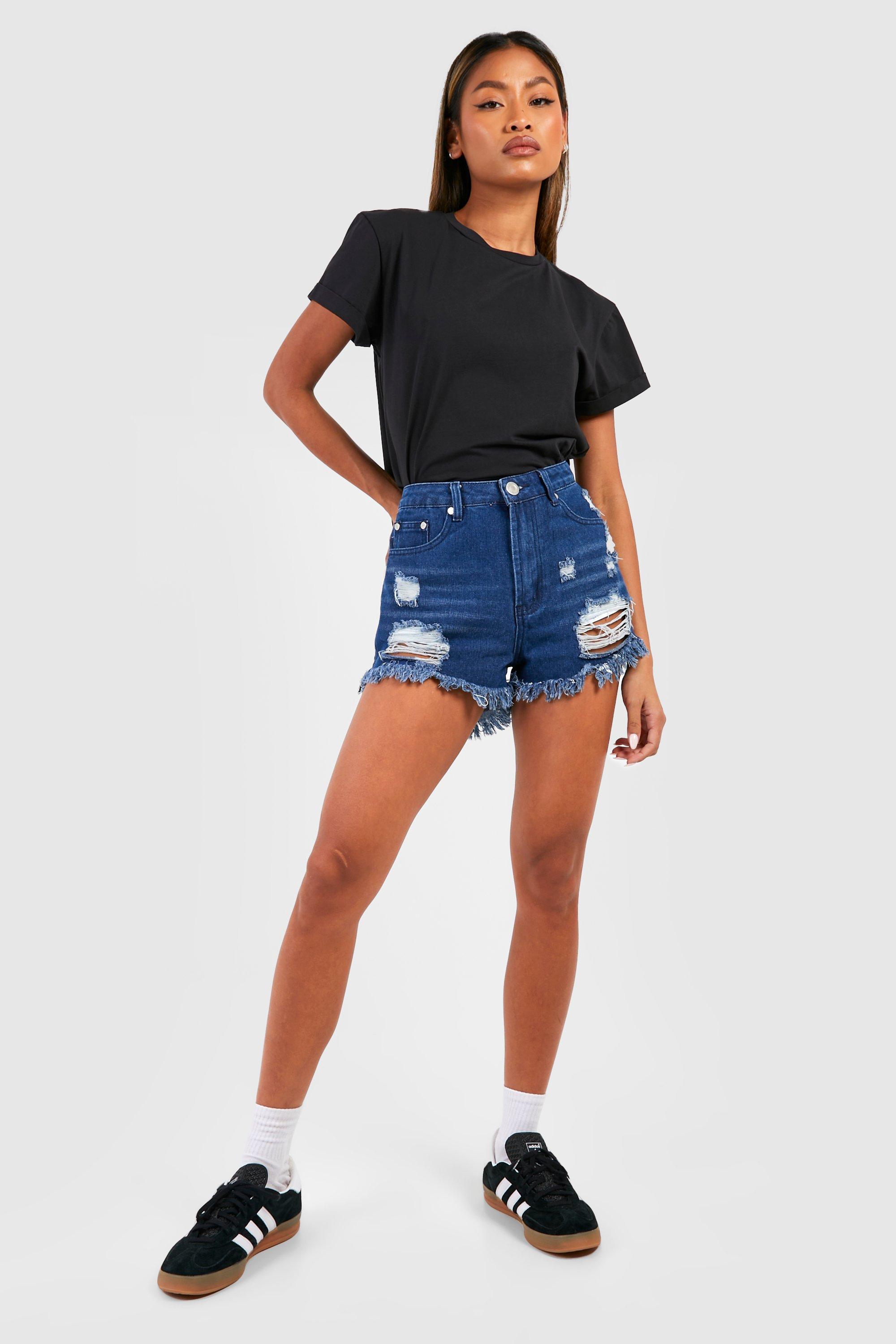 Distressed denim mom shorts on sale