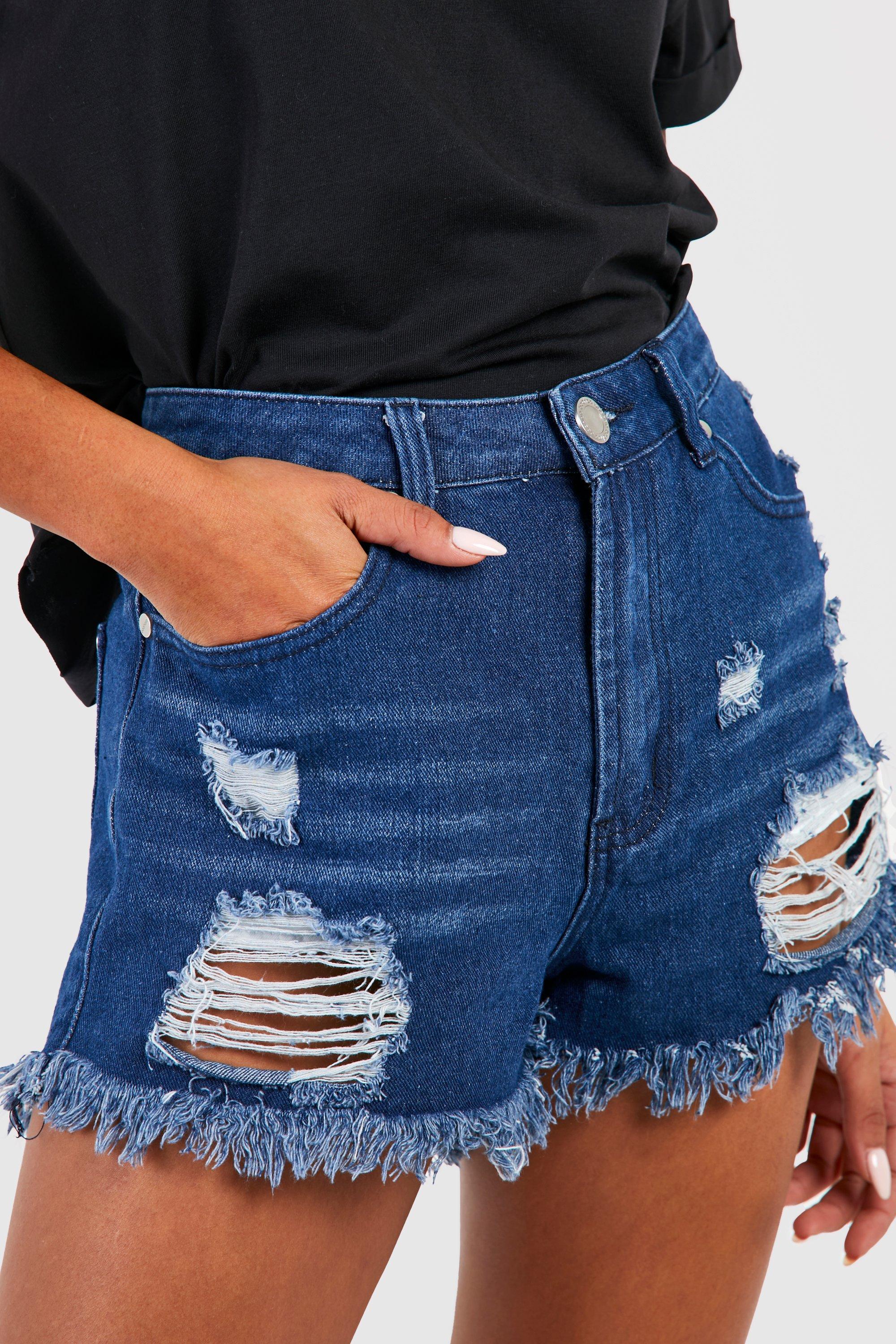 high rise distressed denim shorts