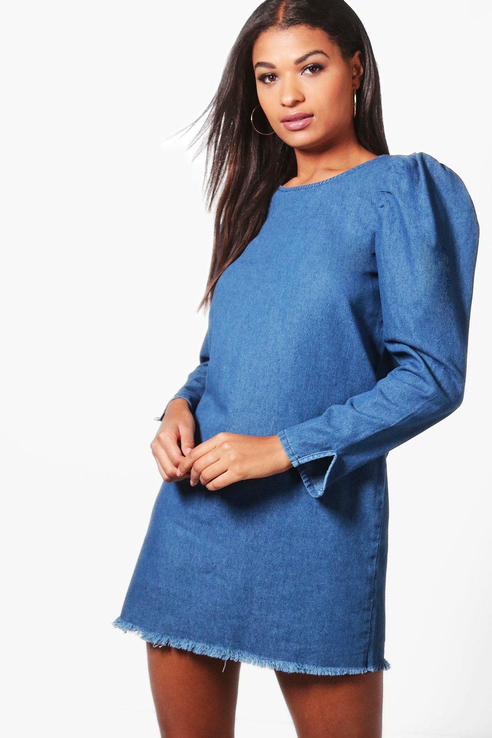 denim dress with puffy sleeves