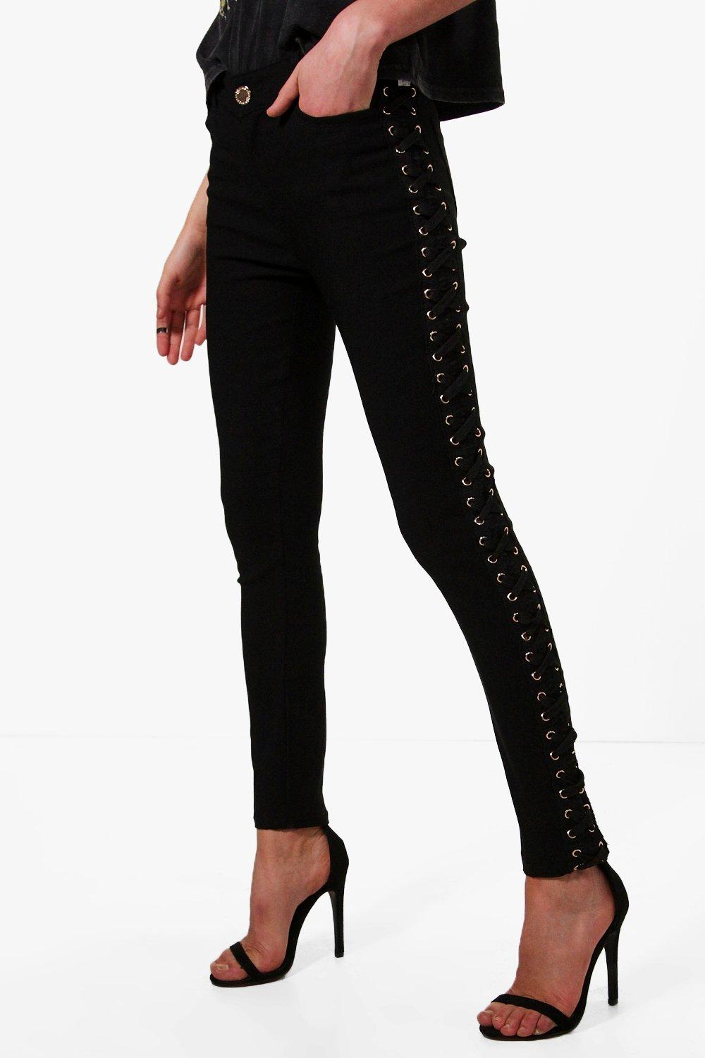 Women's side lace up hot sale jeans