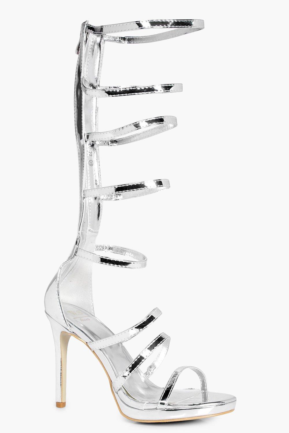 silver gladiator sandals knee high