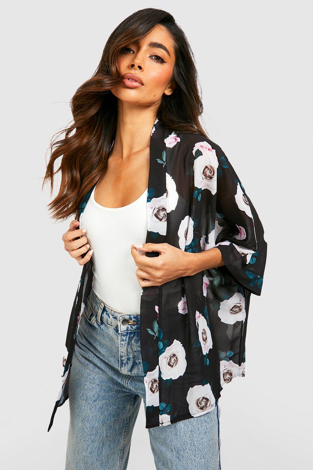 Rose Print Chiffon Kimono