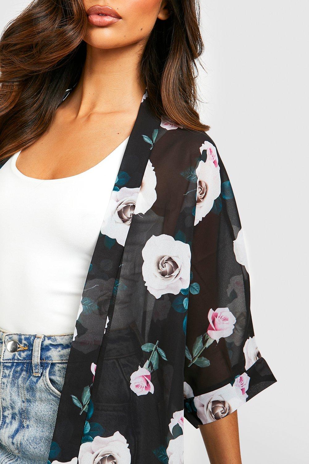 Black Floral Chiffon Kimono  Black Chiffon Kimono- Floral Kimono – Modora  UK