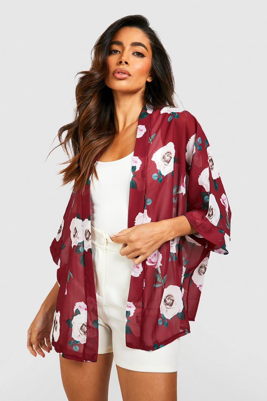 Burgundy Kimono i chiffong med rosmotiv image number 1