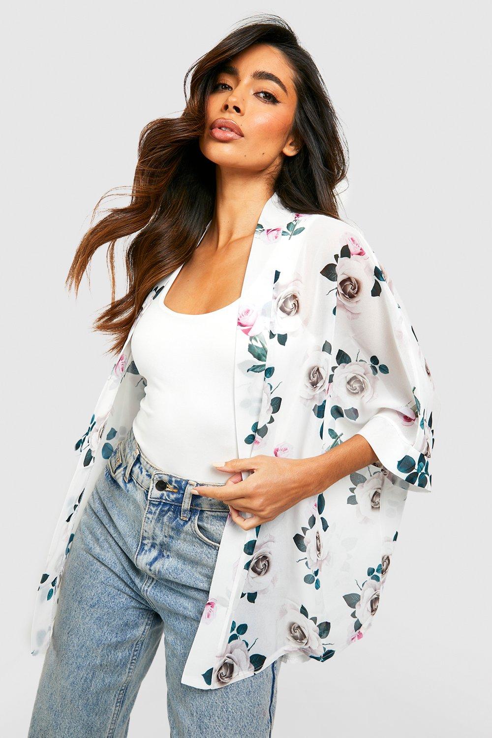 Rose Print Chiffon Kimono