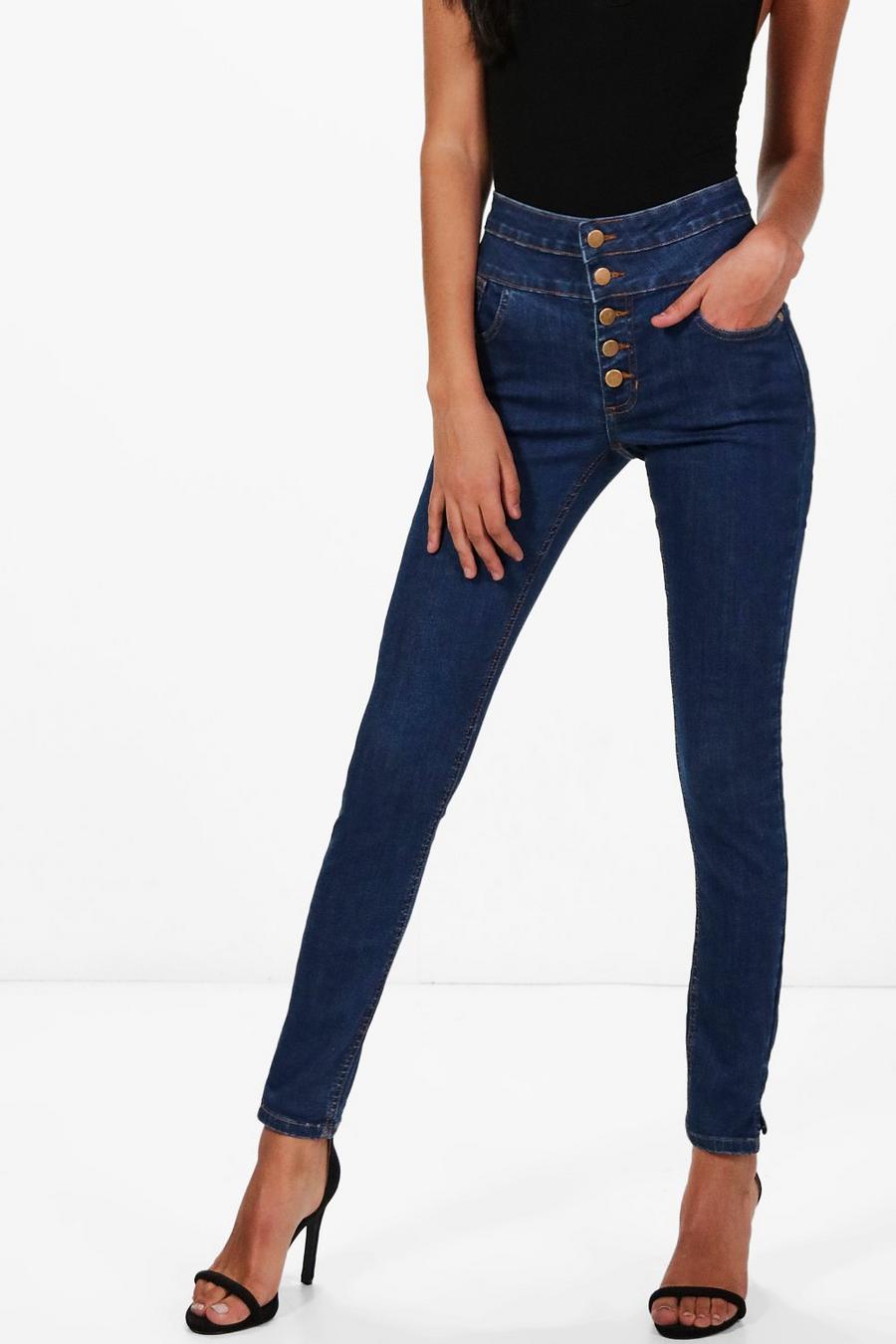 Mid blue 5 Button Ultra High Waist Skinny Jeans image number 1