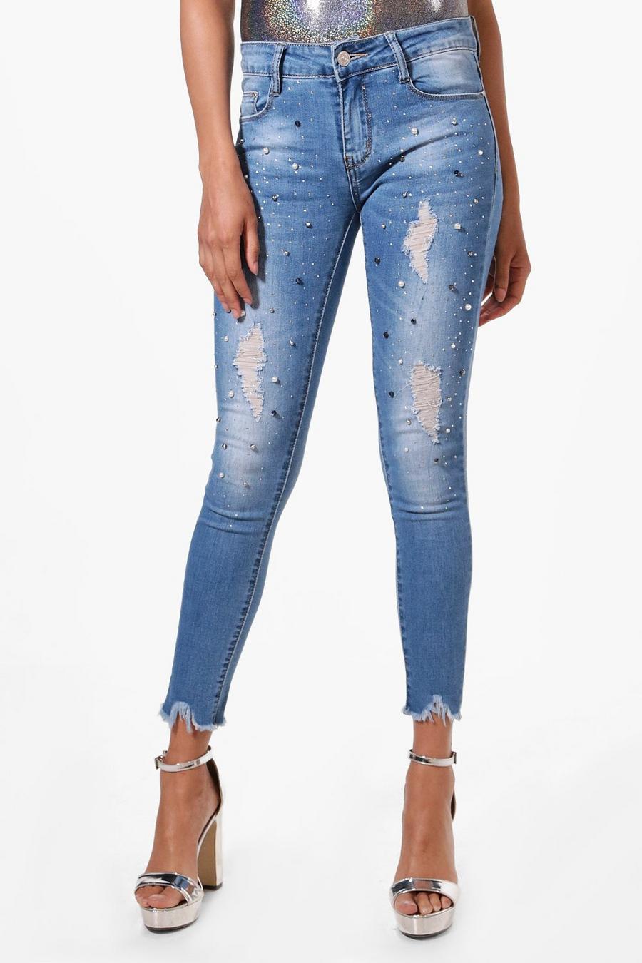 raja jeans skinny impreziositi con perle, Blu medio image number 1