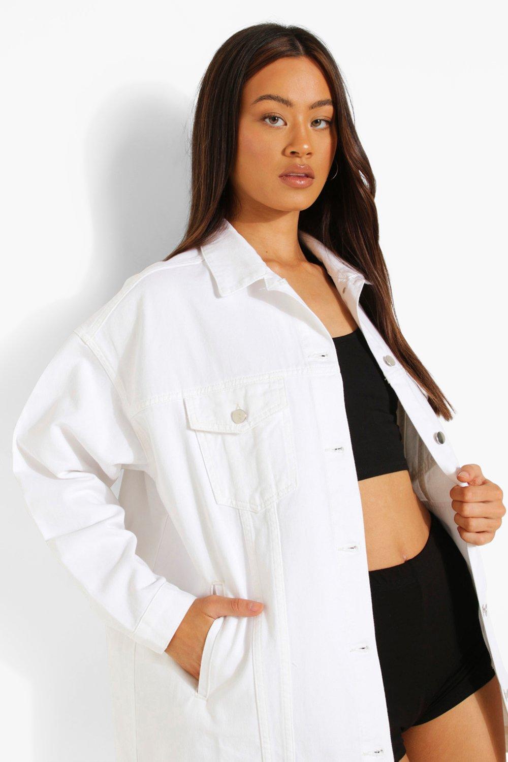 Long white denim jacket womens sale