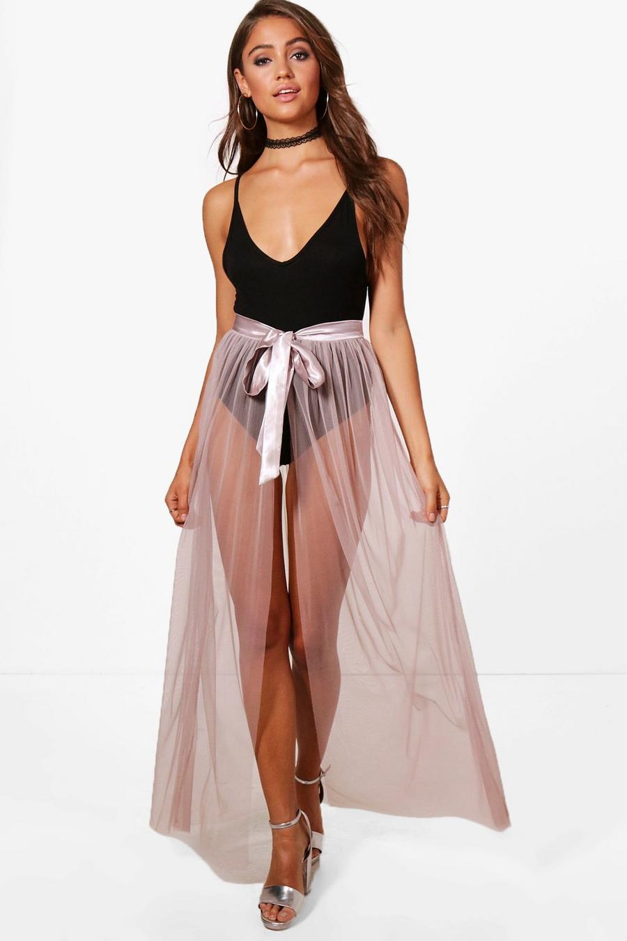 Blush rosa Tegan Tie Waist Tulle Overlay Maxi Skirt image number 1