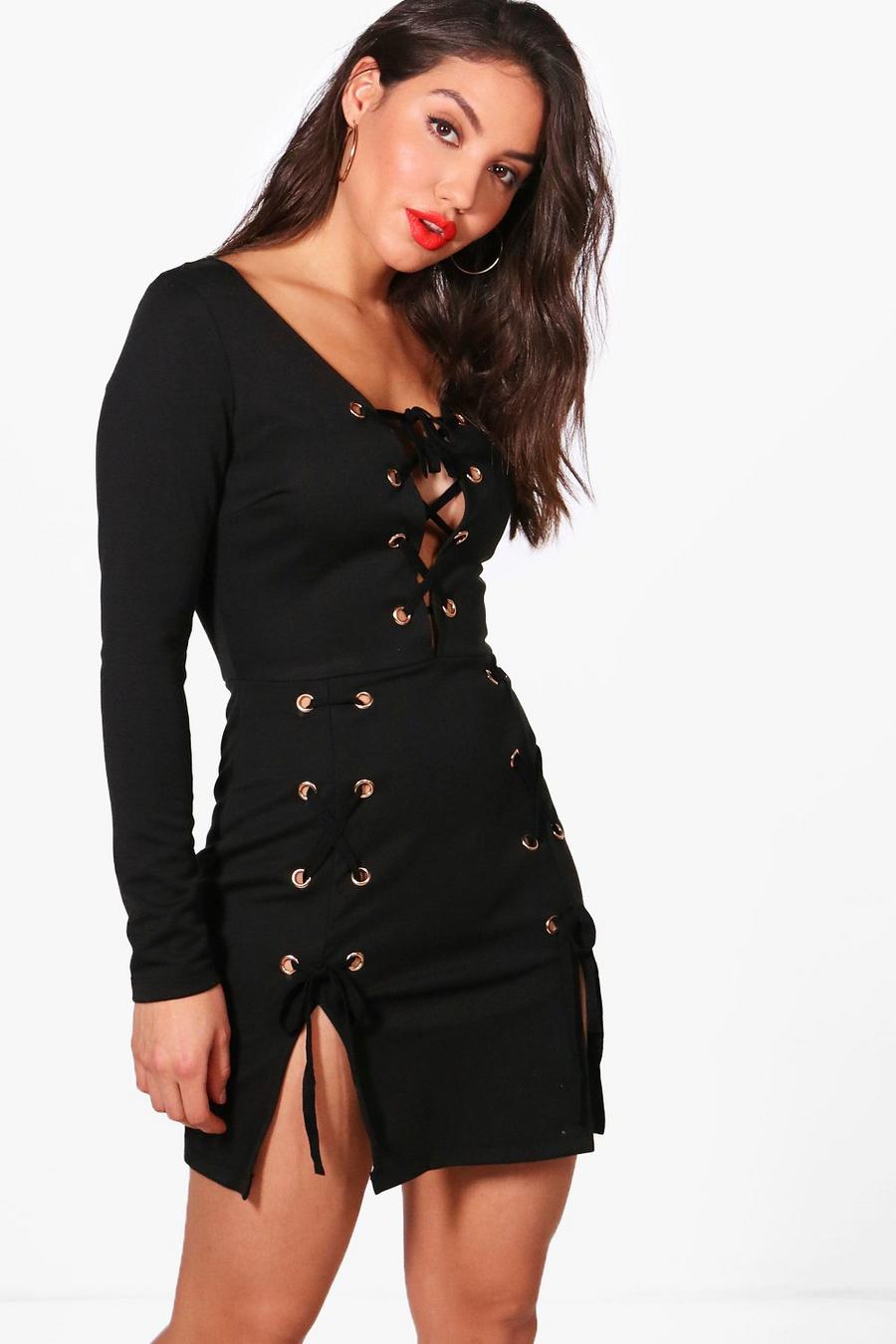Eyelet Lace Up Detail Bodycon Dress image number 1