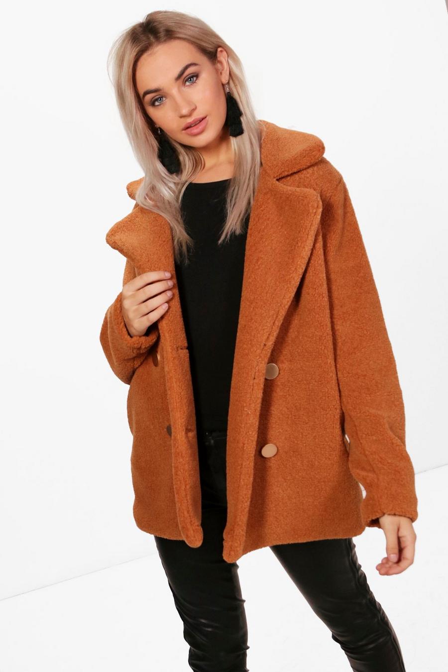 Camel beige Double Breasted Faux Fur Teddy Coat image number 1