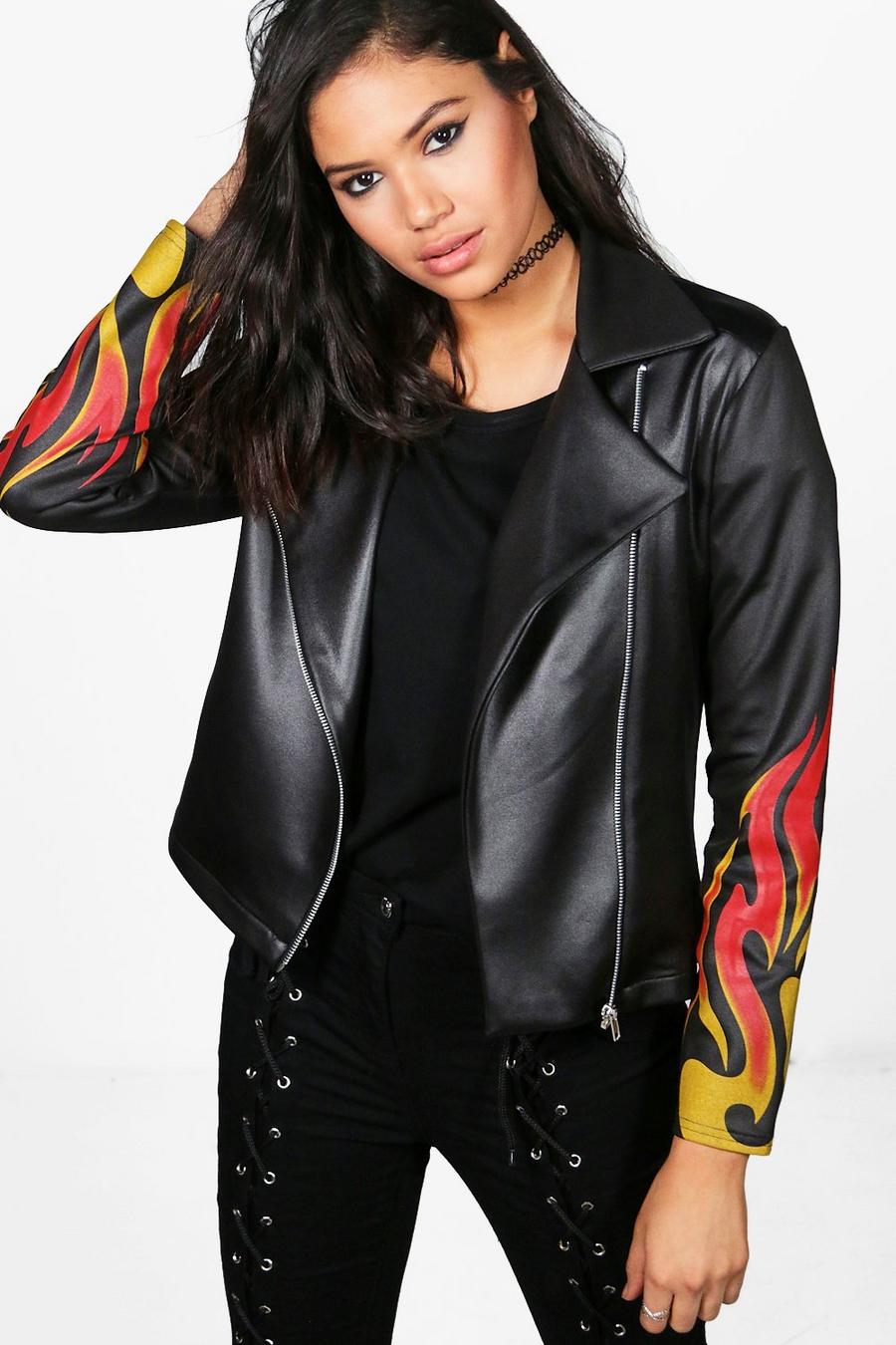 rachel giacca in stile motociclista con stampa di fiamme sulle maniche image number 1