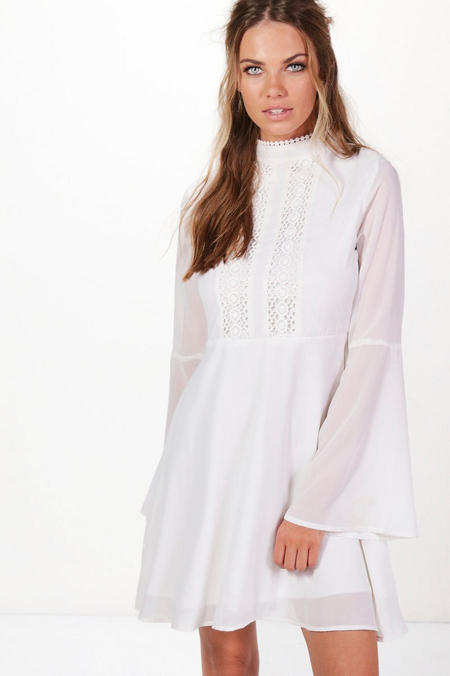 White weiß Lace Detail Flute Sleeve Skater Dress image number 1