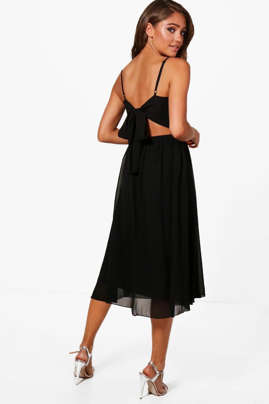 Black שמלת מידי סקייטר מבד שיפון לשושבינה עם קשירה מאחור image number 1
