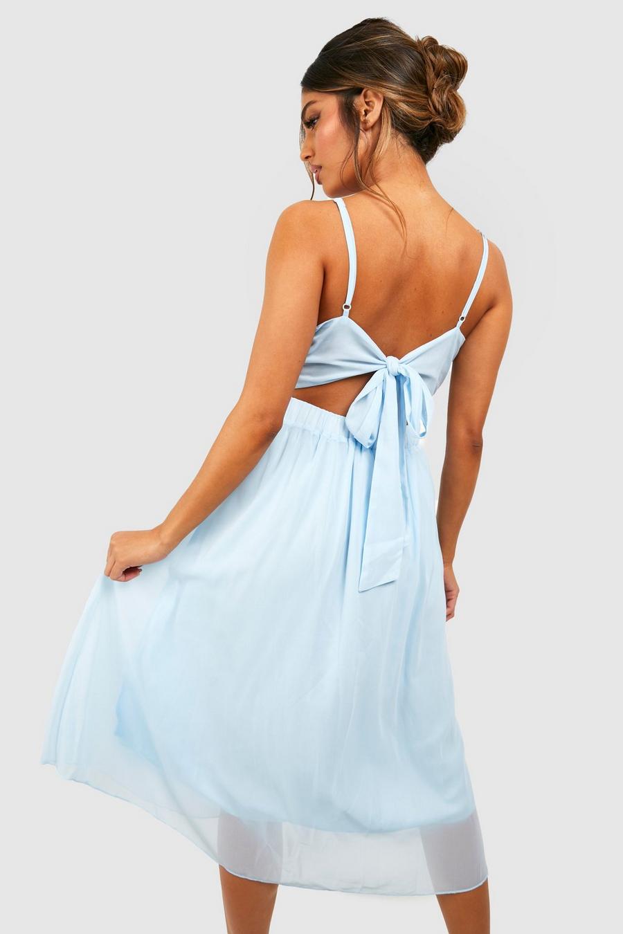 תכלת azzurro שמלת מידי סקייטר מבד שיפון לשושבינה עם קשירה מאחור image number 1