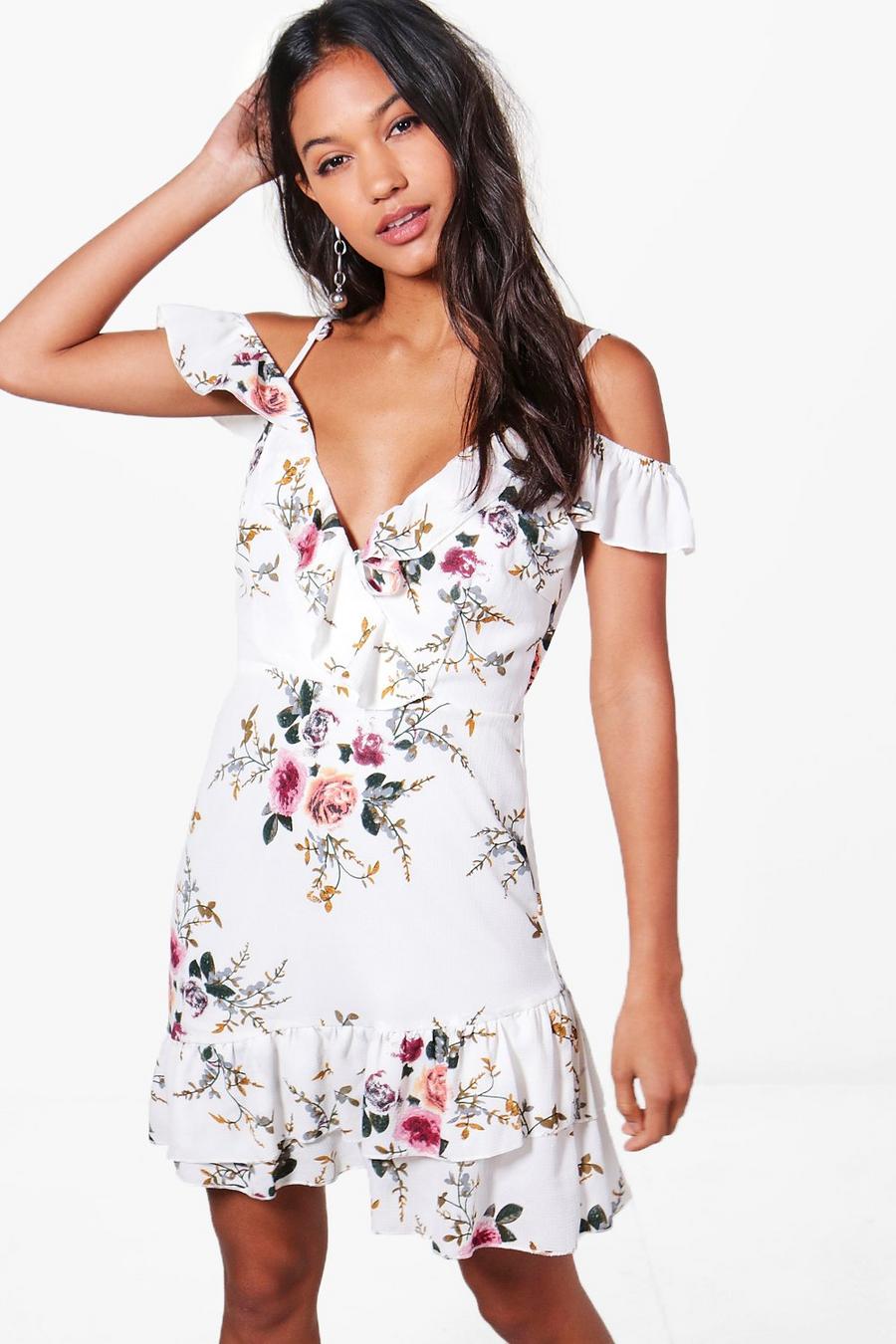 Kleid mit ausgeschnittenen Schultern, Blumen-Print und Rüschensaum image number 1