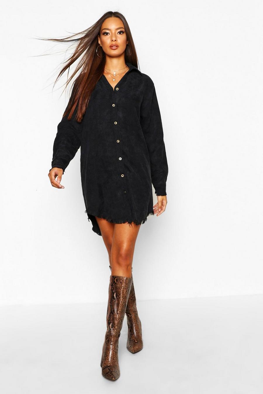 Black Distressed Baby Cord Shirt Dress image number 1