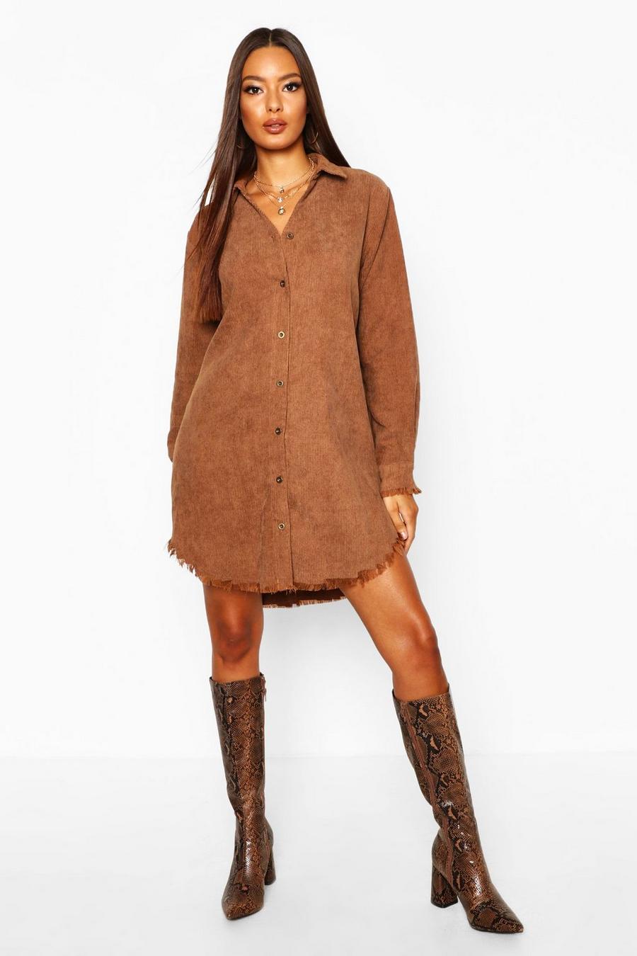 Camel Distressed Baby Cord Shirt Dress image number 1