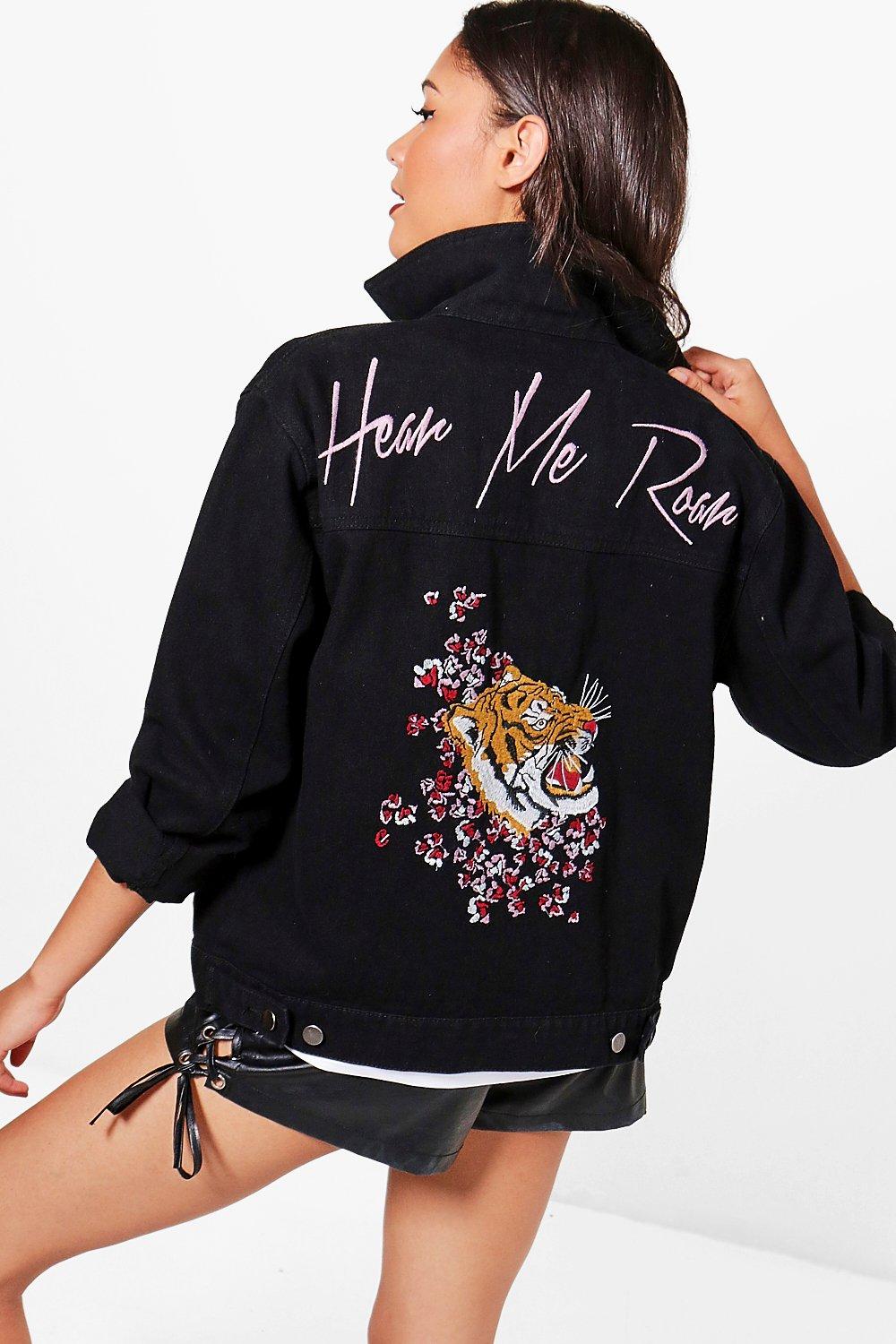 Women's Tilly Tiger Embroidered Oversized Denim Jacket | Boohoo UK