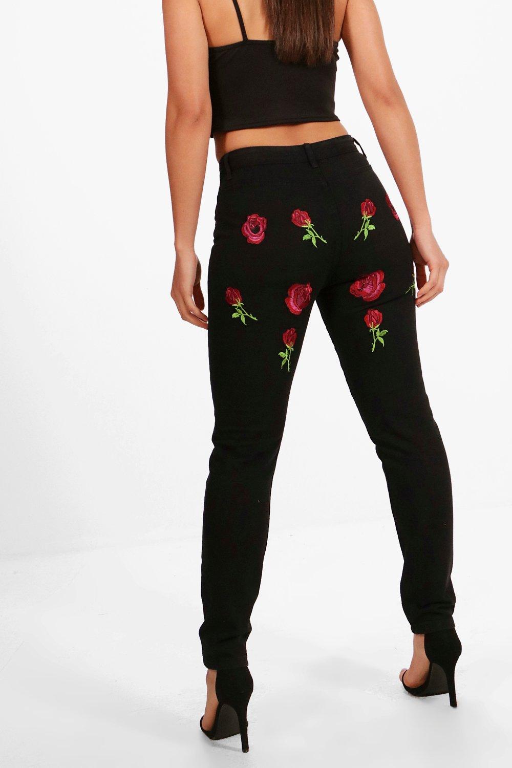 rose embroidered jeans