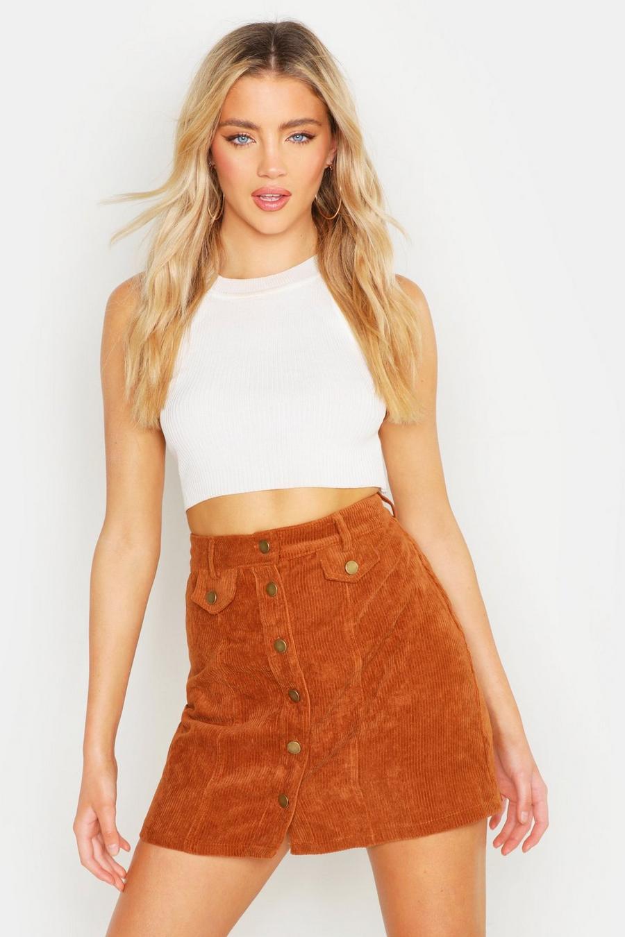 Tan Button Front Chunky Cord Mini Skirt image number 1