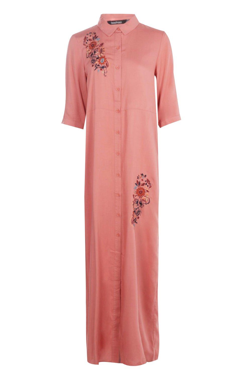 blush lace embroidered maxi shirt dress