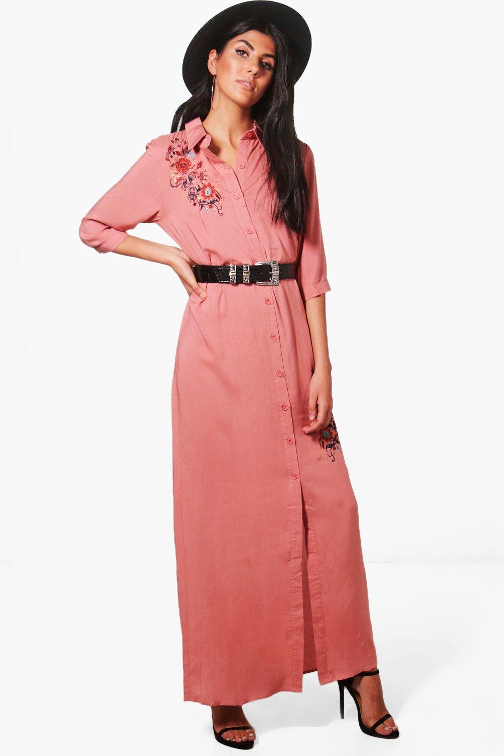 blush lace embroidered maxi shirt dress