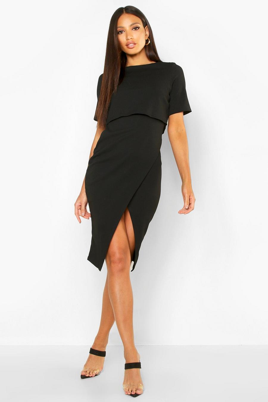 Black Layered Wrap Wiggle Midi Dress