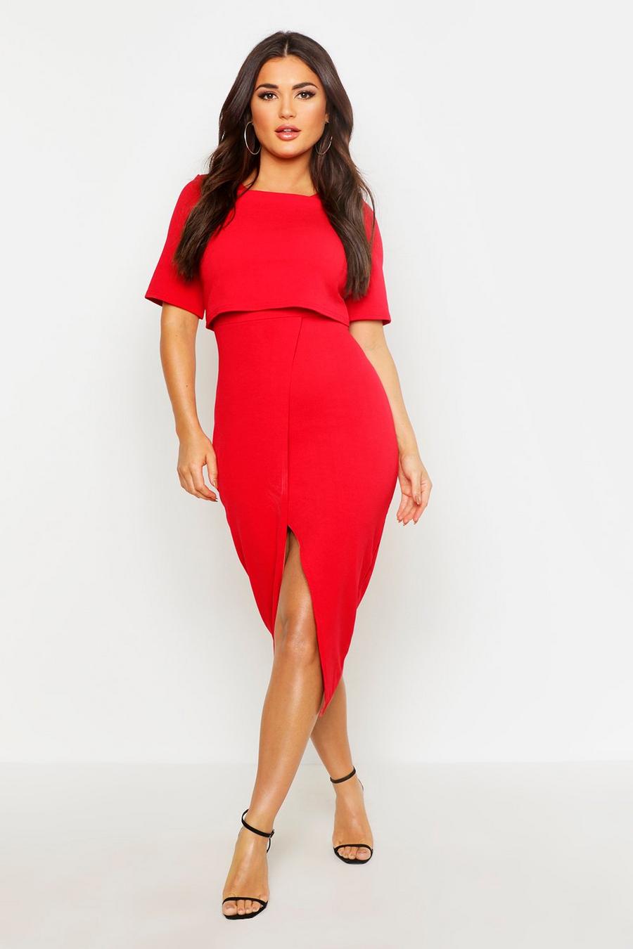 Red Layered Wrap Wiggle Midi Dress image number 1
