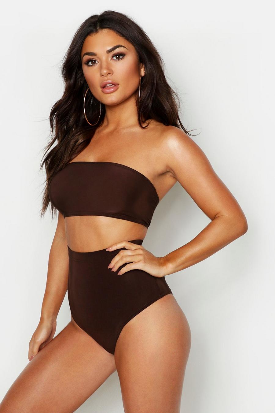 Chocolate Slinky Bandeau & Booty Short Two-Piece Set image number 1