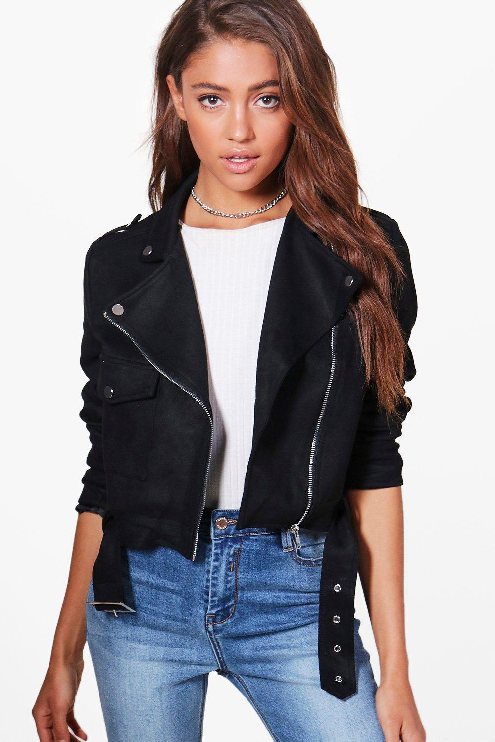 womens black suedette biker jacket