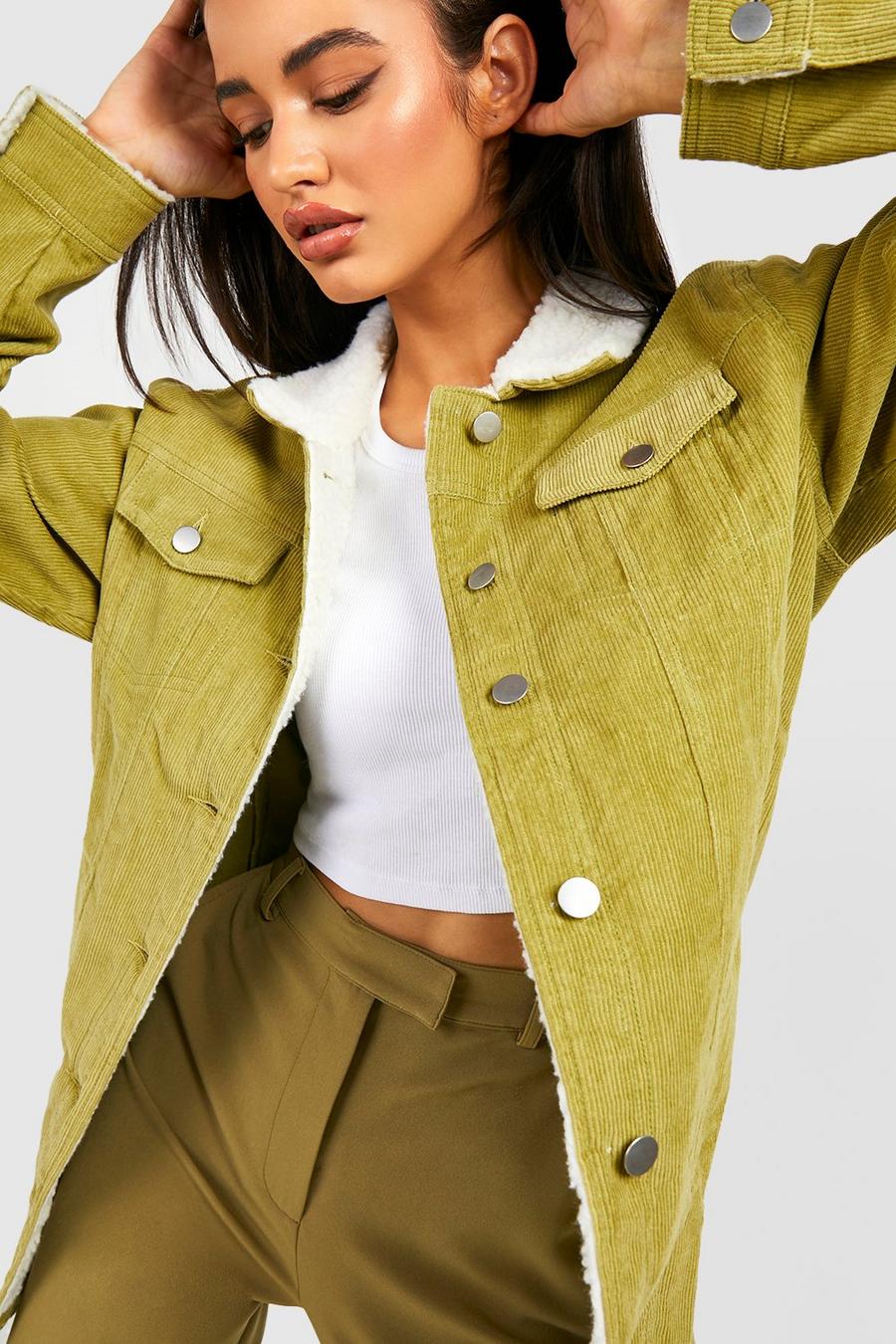 Olive verde Teddy Detail Longline Cord Jacket