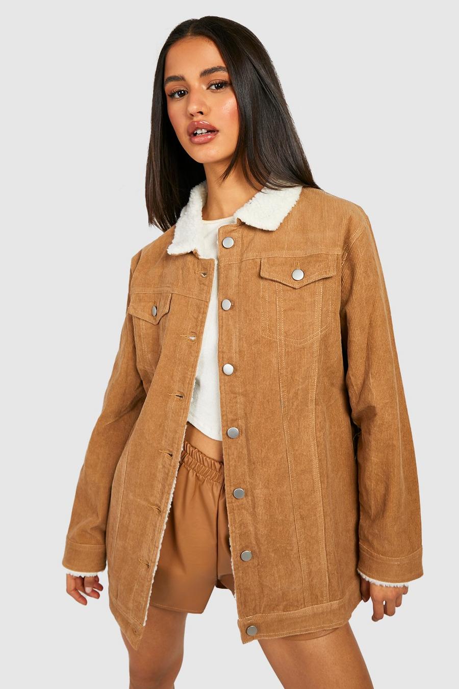 Tan brown Teddy Detail Longline Cord Jacket