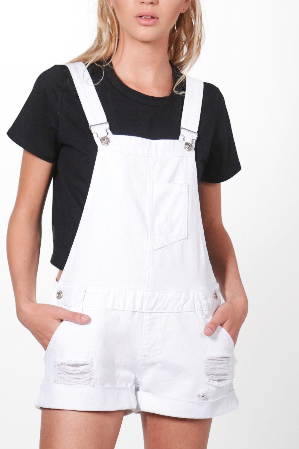 white dungaree shorts