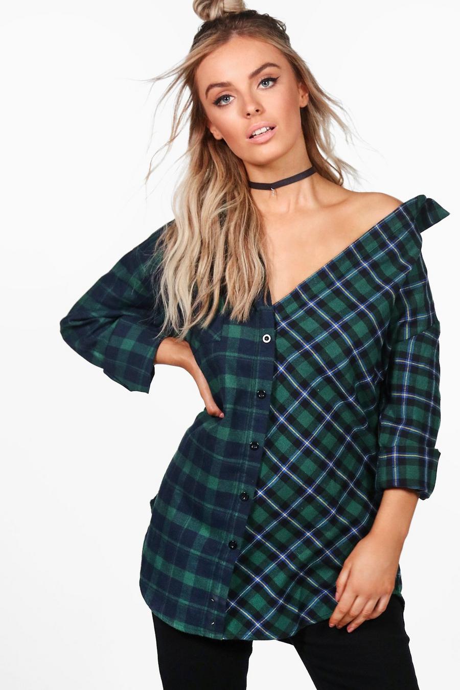 Green Oversized Spliced Check Shirt image number 1