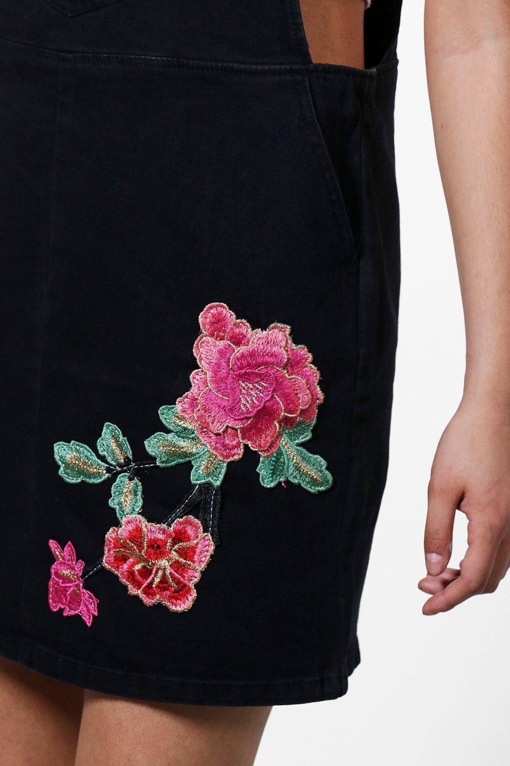 Embroidered denim pinafore dress hotsell