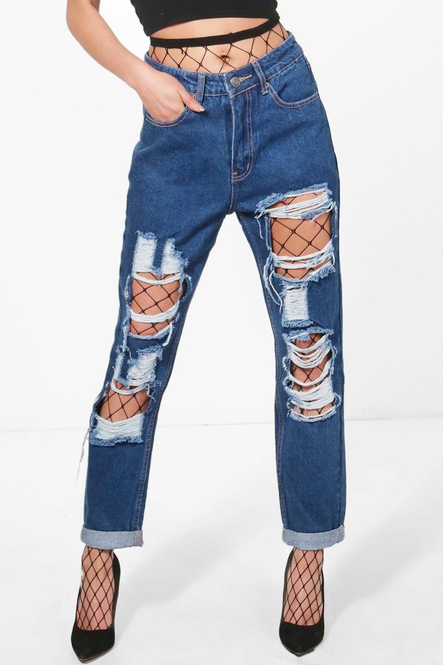 Mom-Jeans mit Netzstrumpfhose, Indigoblau image number 1