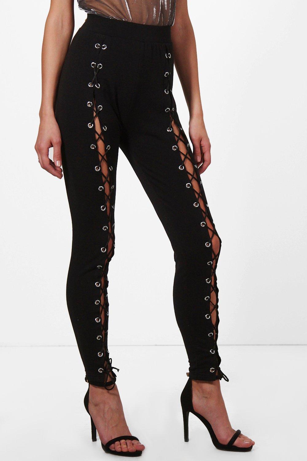 Black Lace Up Front Leggings - Hazel  Women's Leggings & Trousers -  Rebellious Fashion