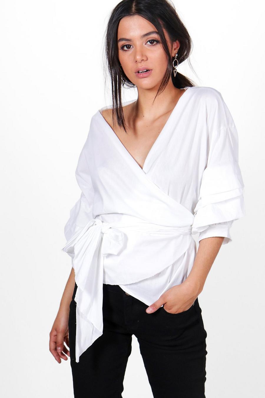 Woven Ruched Sleeve Wrap Front Blouse image number 1