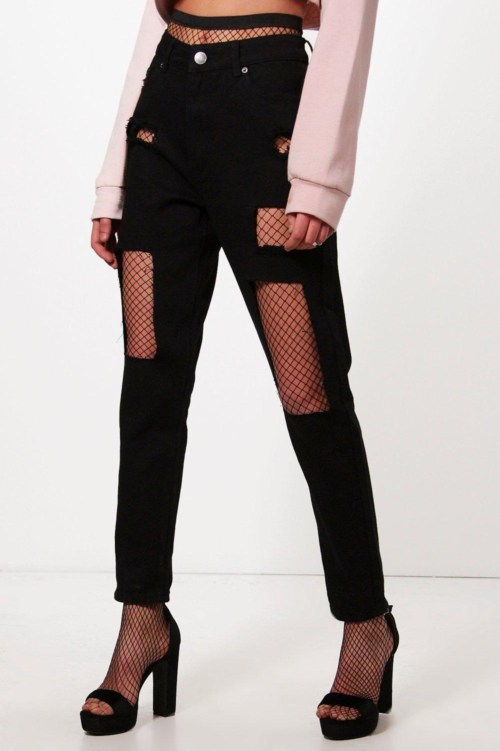 Camila Black Ripped Fish Net Boyfriend Jeans Boohoo Uk