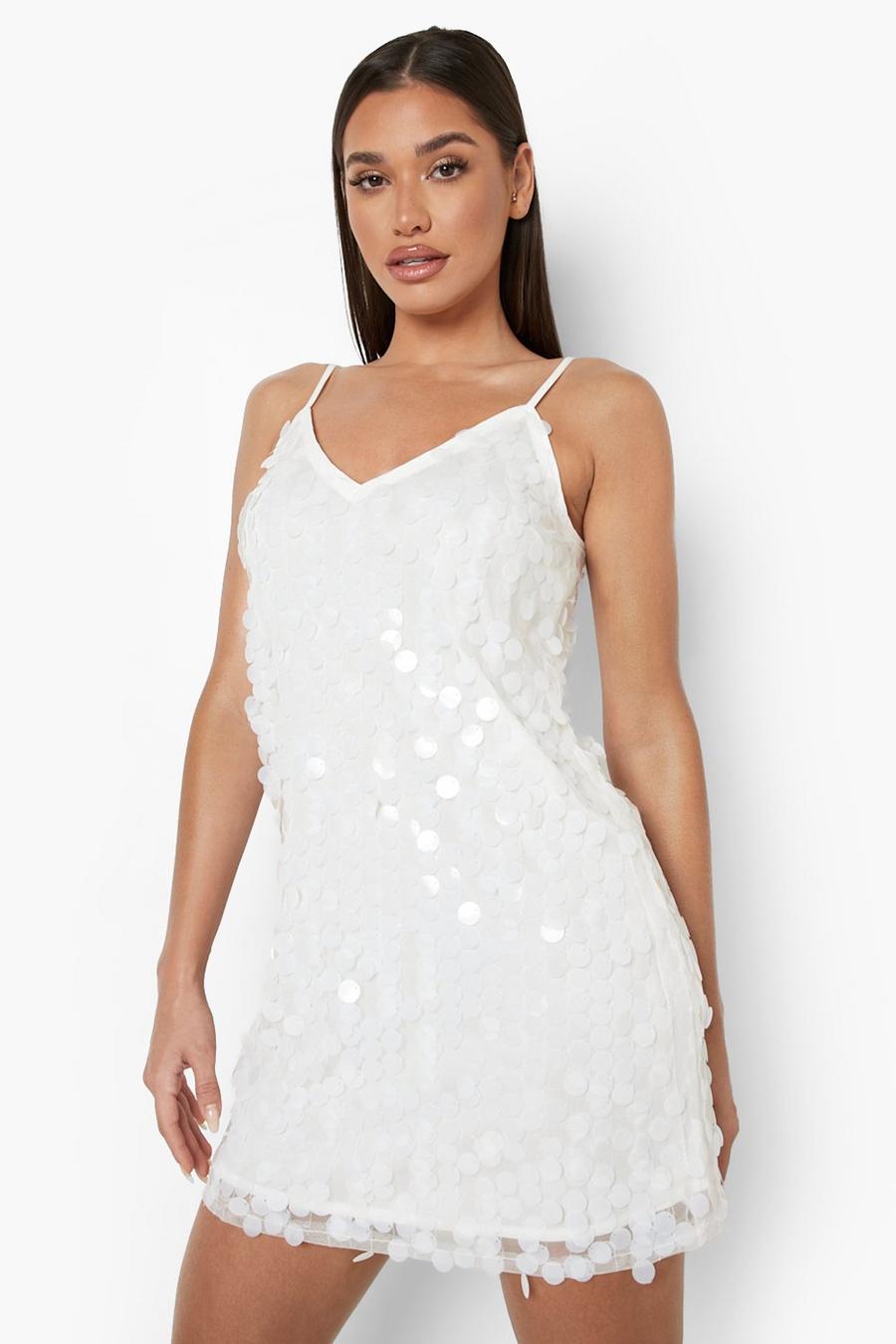 Ivory white Rivinda Disc Sequin Slip Party Dress image number 1