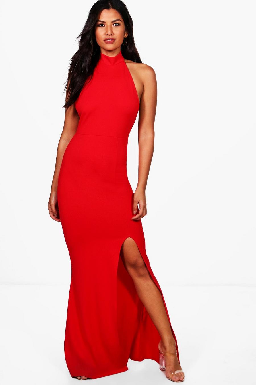 Red High Neck Split Leg Maxi Bridesmaid Dress image number 1